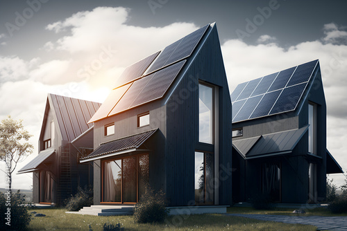 Newly constructed homes with solar panels on the roof under a bright sky generative ai