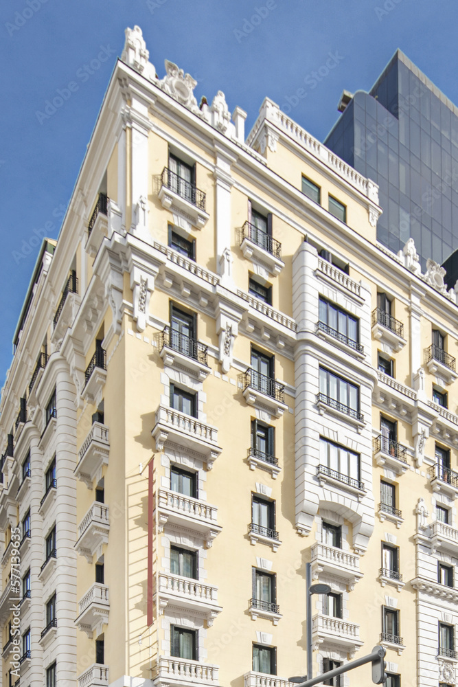 Facade of a representative-looking office building on the Gran Vía in Madrid
