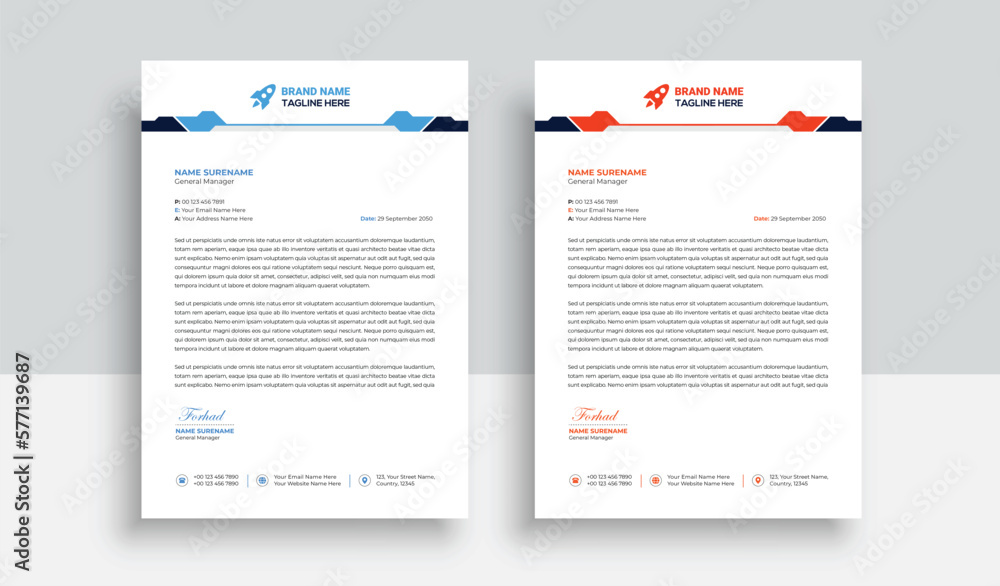 Clean and professional corporate company business letterhead template design with color variation bundle with blue, red elements and creative business stationery layout Clean and professional corporate company business letterhead template design with color variation bundle with blue, red elements and creative business stationery layout