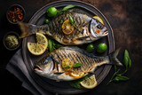 Grilled fish with various vegetables on a pan. Deilicious and healthy meal. Generative AI