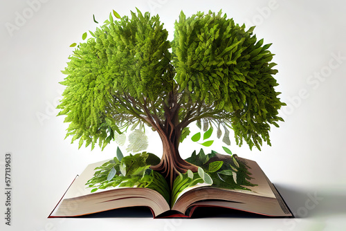 Tree growing from opened old book. Generative Ai