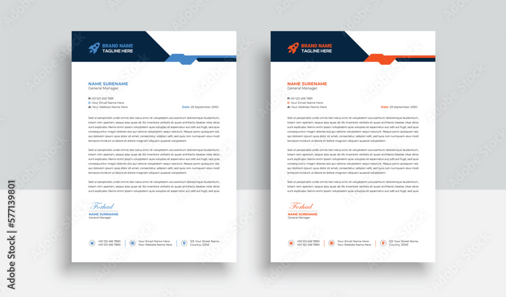 Clean and professional corporate company business letterhead template design with color variation bundle with blue, red elements and creative business stationery layout