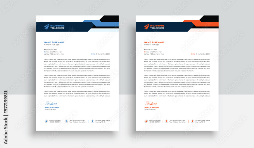 Clean and professional corporate company business letterhead template design with color variation bundle with blue, red elements and creative business stationery layout