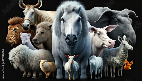 Fototapeta Naklejka Na Ścianę i Meble -  A lot of different animal crowding together on a dark background. Generative AI