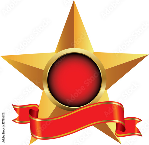 Gold star with red ribbon on dark background. Vector