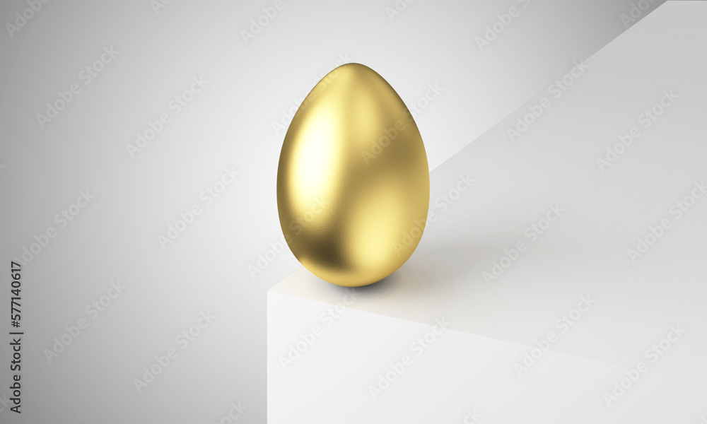 Gold Easter Egg standing on a corner of white box on studio background Gold Easter Egg standing on a corner of white box on studio background