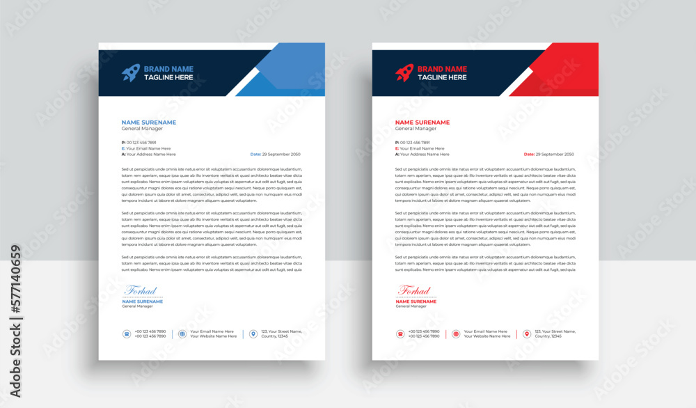 Clean and professional corporate company business letterhead template design with color variation bundle with blue, red elements and creative business stationery layout