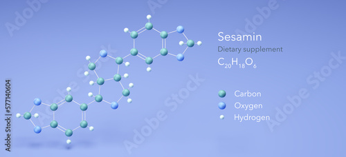 sesamin molecule, molecular structures, Dietary supplement, 3d model, Structural Chemical Formula and Atoms with Color Coding photo