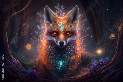 Ancient magical molten fox spirit in a mystical arcane forest generative ai © Artistic