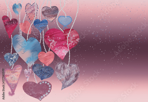 Herzen seitlich an silber schnur hängend Liebe Valentinstag Hochzeit Muttertag Party Feier rosa Hintergrund copy space