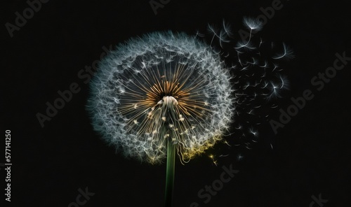  a dandelion is blowing in the wind on a black background with a small light shining on the dandelion and the seeds.  generative ai