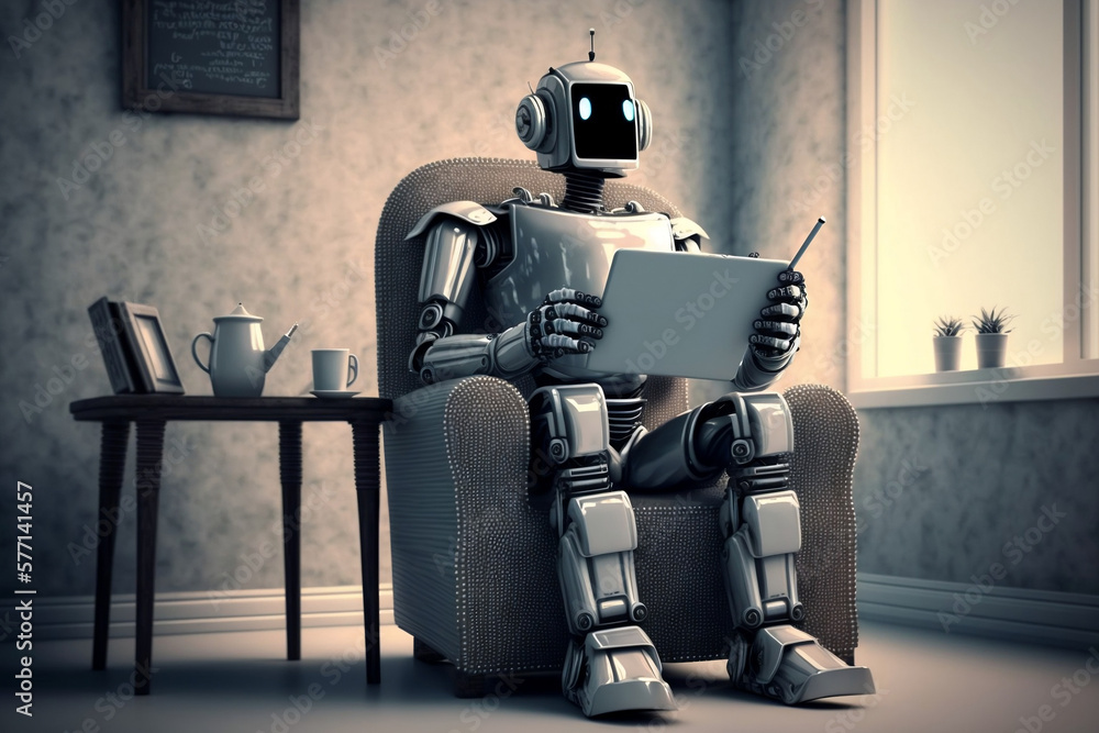 AI robot uses digital tablet sitting in armchair in house room, AI Robot Sitting in an Armchair and Using a Digital Tablet, Generative AI AI robot uses digital tablet sitting in armchair in house room, AI Robot Sitting in an Armchair and Using a Digital Tablet, Generative AI