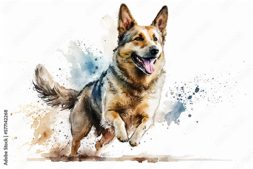 Naklejka premium Dog Running Illustration, Watercolor Painting Graphic Design.