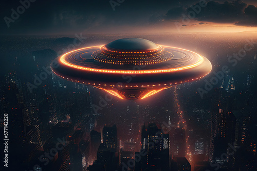 Flying saucer flying in the sky over night city. Invasion of extraterrestrial intelligence on an intergalactic ship. Alien abduction. Created with Generative AI