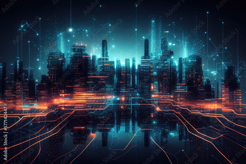 Smart city and big data concept. Futuristic cityscape at night with neon colors. City infrastructure hologram. Created with Generative AI Smart city and big data concept. Futuristic cityscape at night with neon colors. City infrastructure hologram. Created with Generative AI
