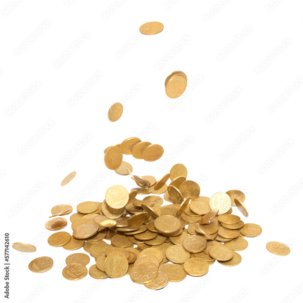 Golden coins money jackpot fall rain in PNG isolated on transparent background - obrazy, fototapety, plakaty 