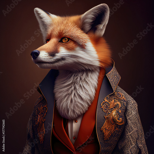 Fototapeta Naklejka Na Ścianę i Meble -  Portrait of fox in human clothing. Creative portrait of wild animal on abstract background. Antropomorphic animal. Created with Generative AI
