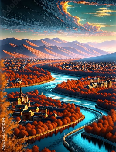 landscape art of a river flowing in the middle of yellow and orange trees in the autumn