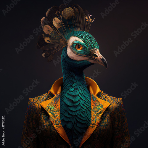 Portrait of peacock in human clothing. Creative portrait of wild animal on abstract background. Antropomorphic animal. Created with Generative AI