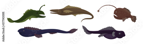 Fish of the Deep Blue Sea with Toothy Lanternfish Vector Set