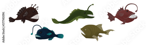 Fish of the Deep Blue Sea with Toothy Lanternfish Vector Set