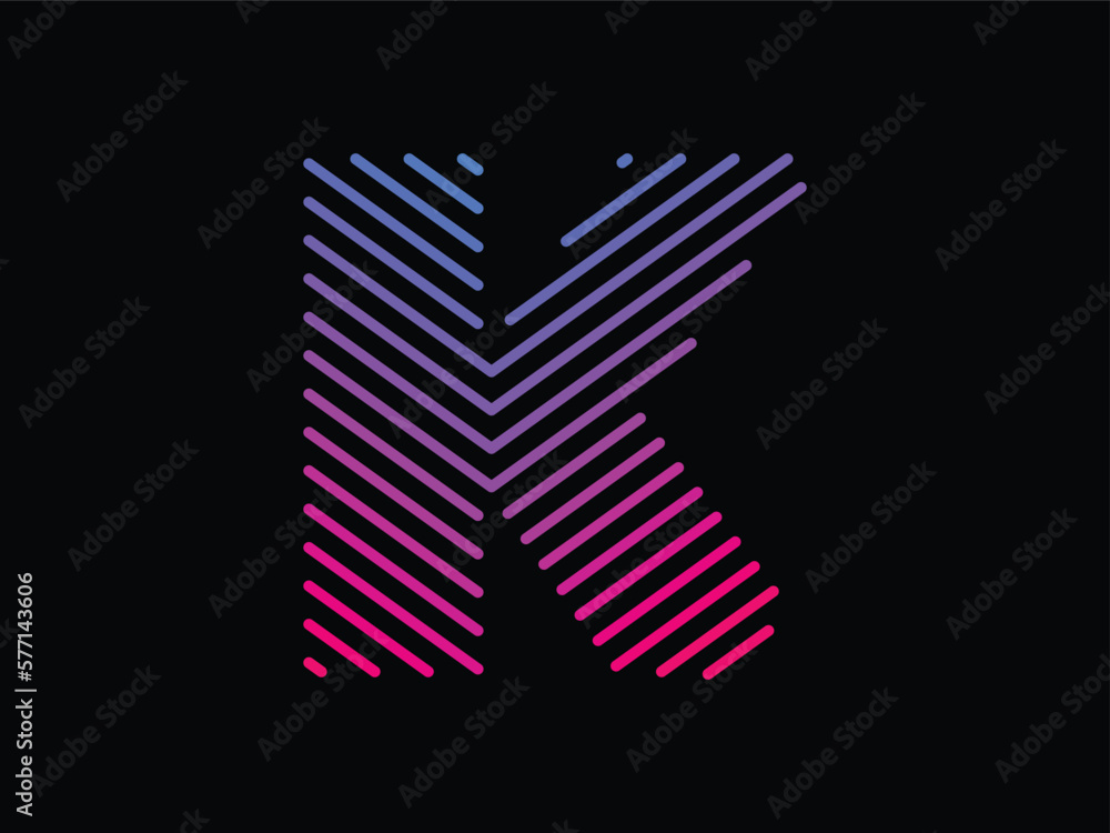 Alphabet K is written with colorful digital lines. Abstract letter K logo design template. Logo type vector design