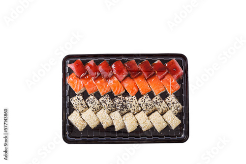 Sushi set in a delivery box on a white background
