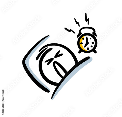 Doodle disgruntled man on the bed woke up early in the morning to the sound of an alarm clock.
