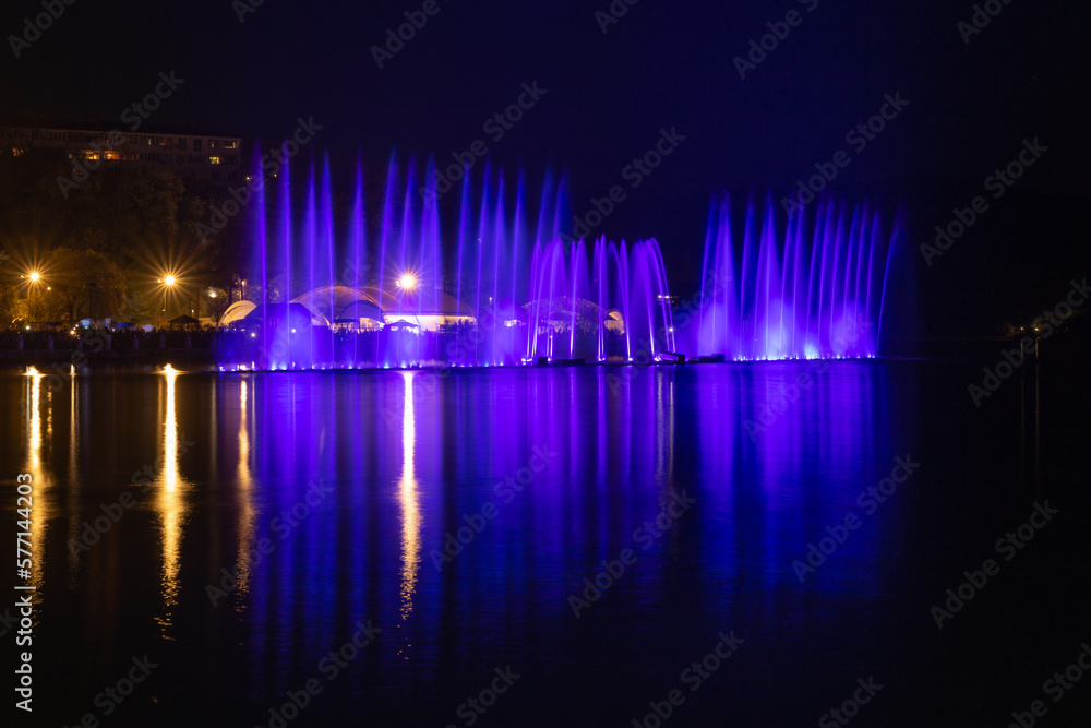 View of the musical singing fountains on the lake Abrau-Durso. Novorossiysk. Russia. 05.01.2021