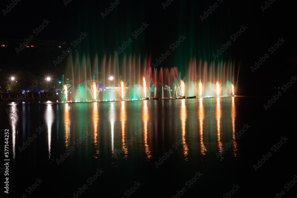 View of the musical singing fountains on the lake Abrau-Durso. Novorossiysk. Russia. 05.01.2021 View of the musical singing fountains on the lake Abrau-Durso. Novorossiysk. Russia. 05.01.2021