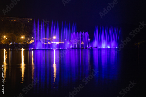 View of the musical singing fountains on the lake Abrau-Durso. Novorossiysk. Russia. 05.01.2021