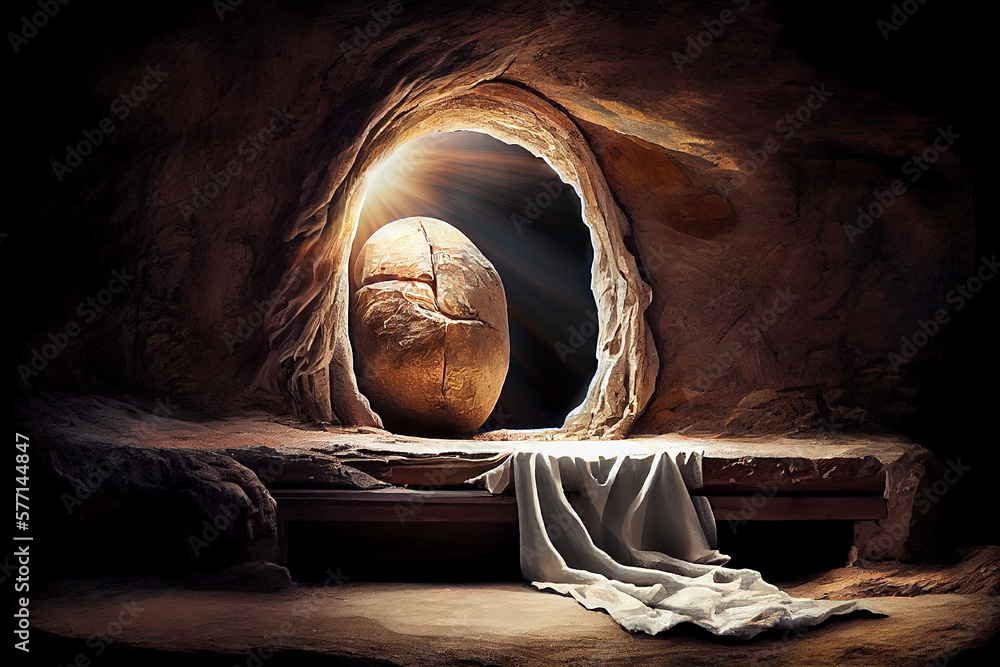 Empty Ravee Fototapeta Resurrection of Jesus Christ, empty grave tomb with shroud ...