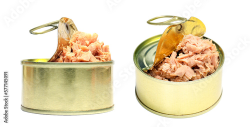 Bilde på lerret Closeup top view and side view open can of preserve food, tuna flakes in round golden cans blank label isolated on white background, copy space