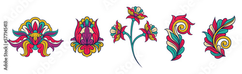 Colorful Floral Elements Based on Traditional Asian Ornaments Vector Set