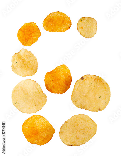 Number 6 made of potato chips and isolated on transparent png background. Food numeral concept. One number of the set of potato chip font easy to stacking.