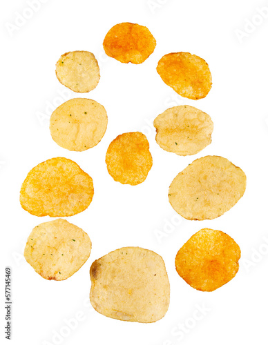 Number 8 made of potato chips and isolated on transparent png background. Food numeral concept. One number of the set of potato chip font easy to stacking.