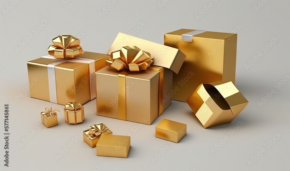  a group of gold presents with bows and bows on them, all wrapped in gold paper and tied in gold ribbon, on a gray background.  generative ai