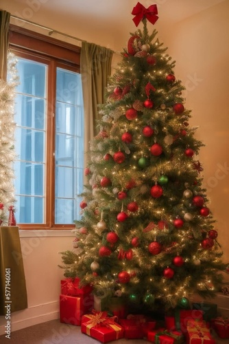 IA arbol de navidad con regalos, luces y otros objetos. La magia de la Navidad en nuestro árbol