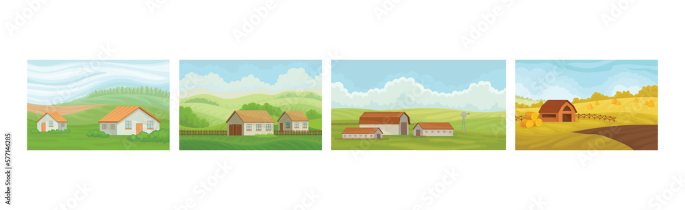 Farm and Rural Fields Landscapes and Horizontal Views Vector Set