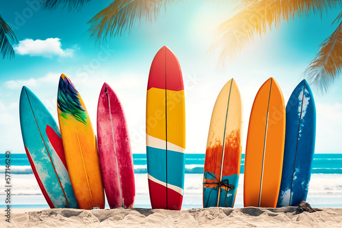 colorful surfboards standing in tropical beach sand with ocean in the background. generative AI photo