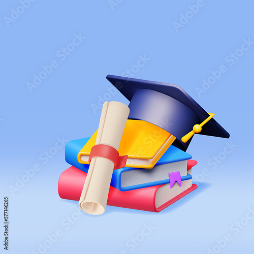3D Graduation Cap with Diploma and Pile of Books Isolated. Render Graduation Hat and Textbook. Education Symbol. Mortarboard Hat with Tassel. Education, Degree Ceremony Concept. Vector Illustration