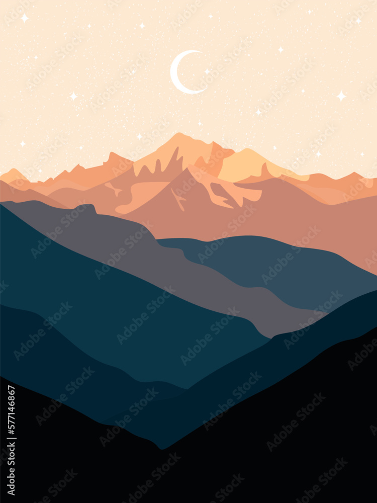 Mountain landscape of a canyon with a dawn and a starry sky with a moon.