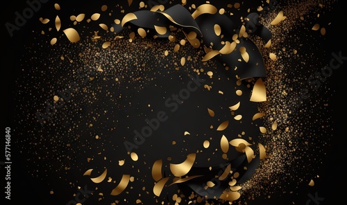  a black and gold background with confetti and streamers in the middle of the frame and a black background with confetti and gold confetti in the middle. generative ai