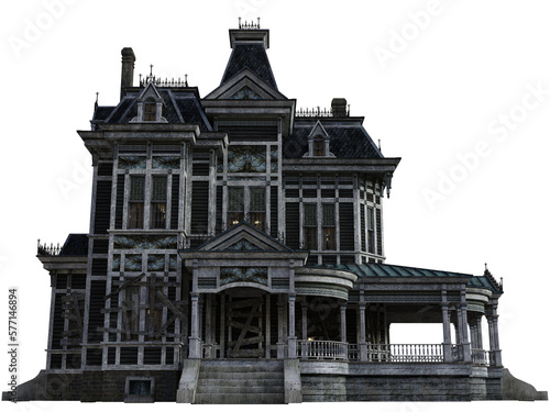 Run-down victorian mansion with boarded-up windows.