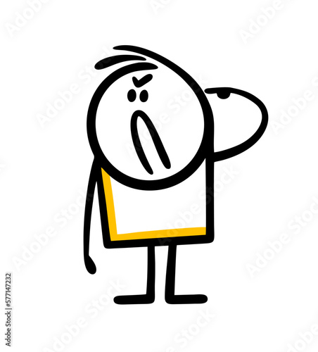 Doodle angry man twists his finger at his temple and shows the interlocutor that he is a fool.