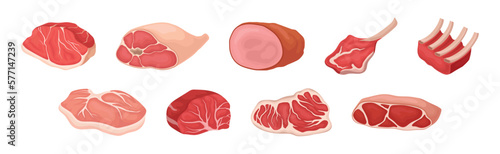 Different Meat Product with Beef, Ham and Rib Cuts Vector Set