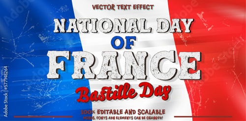 National Day of France Bastille Day Editable Text Effect in blue white red on Flag of France background blowing in the wind. Full page French flying flag. 3D illustration.