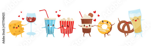 Cute Comic Food Characters in Pair Feeling Love Vector Set