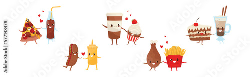Cute Comic Food Characters in Pair Feeling Love Vector Set