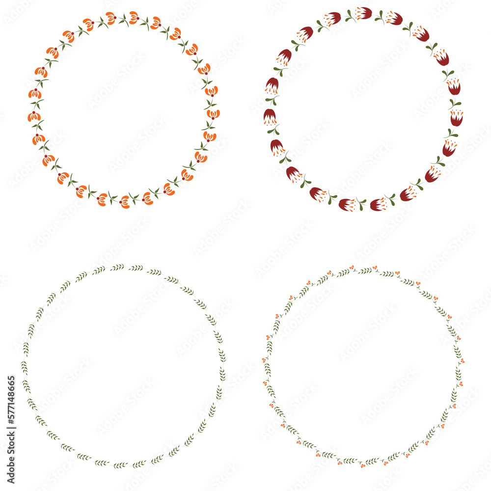 Simple frames with flowers. Petrikov painting. Vector. set of round frames for your design Simple frames with flowers. Petrikov painting. Vector. set of round frames for your design